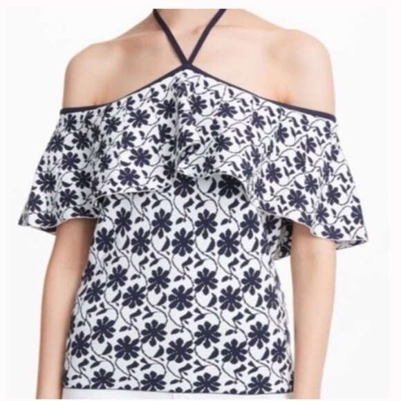 Club Monaco White & Navy Rowlen Blue Floral‎ Off Shoulder Knit Women's Top Small - Picture 13 of 14